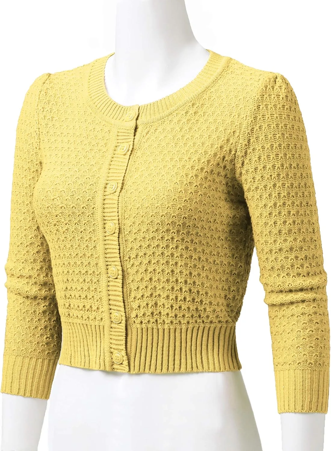Women's 3/4 Sleeve Crew Neck Button Down Cotton Knit Cropped Cardigan Sweater (S-3XL)