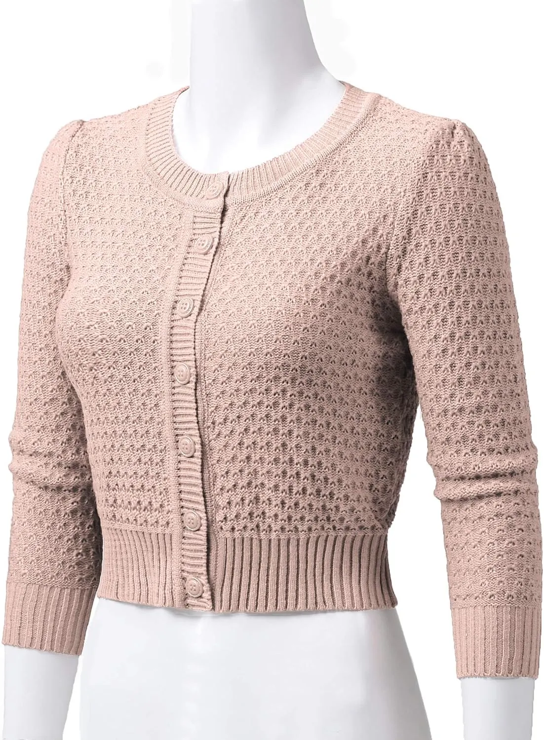 Women's 3/4 Sleeve Crew Neck Button Down Cotton Knit Cropped Cardigan Sweater (S-3XL)