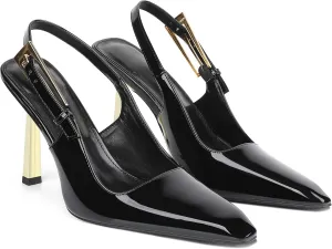 Women'S Backless Slingback, Patent Leather Metal Buckle Fashion Dress Pointed Toe Sandals Shoes Sexy 3.5 In Stiletto Heel Shoes