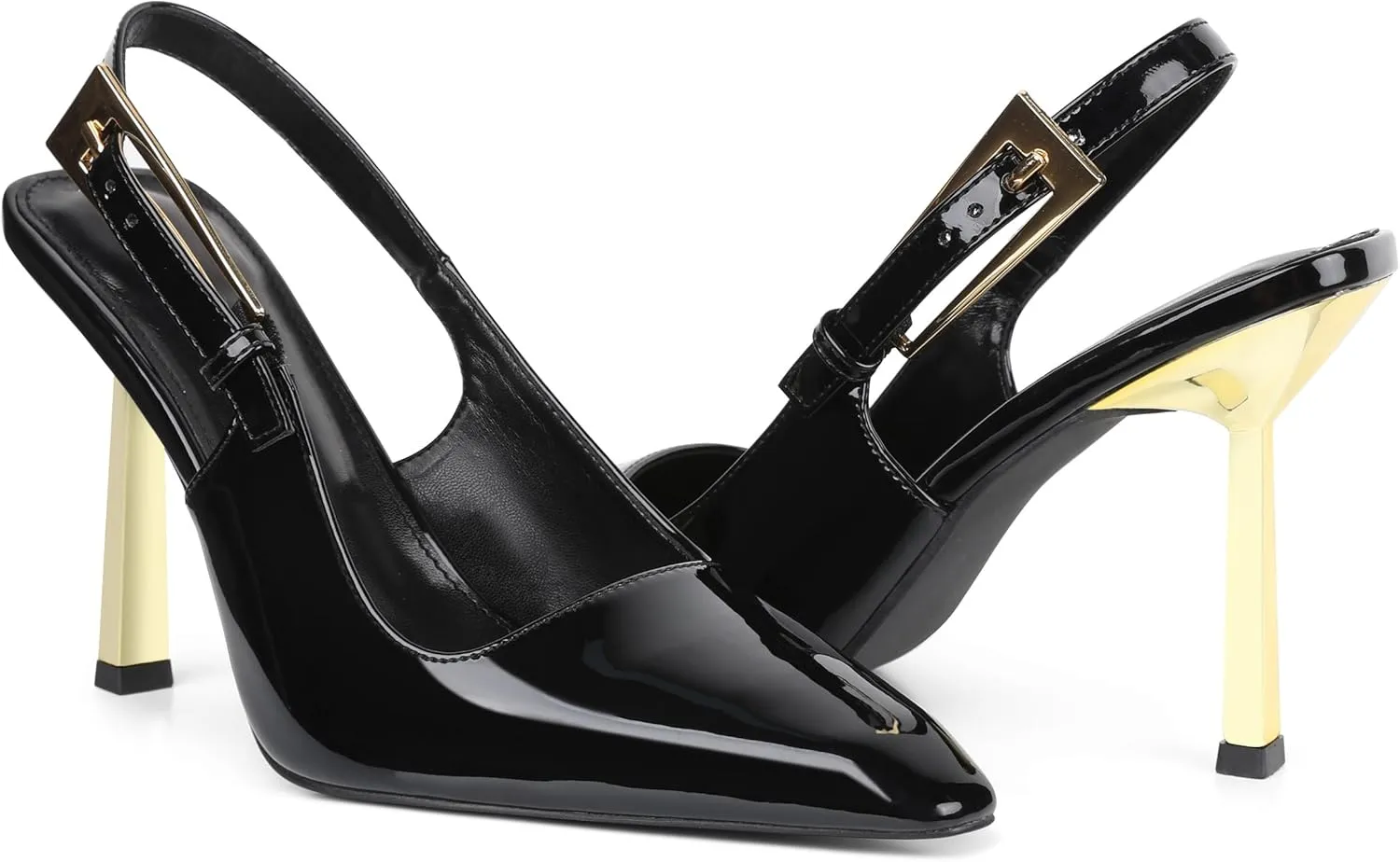 Women'S Backless Slingback, Patent Leather Metal Buckle Fashion Dress Pointed Toe Sandals Shoes Sexy 3.5 In Stiletto Heel Shoes