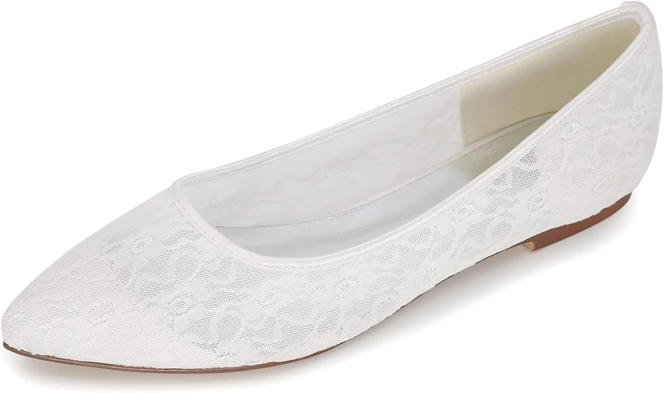 Womens Ballet Flat Elegant Lace Satin Pointed Toe Flats Slip on Bridal Wedding Bridesmaid Prom Shoes