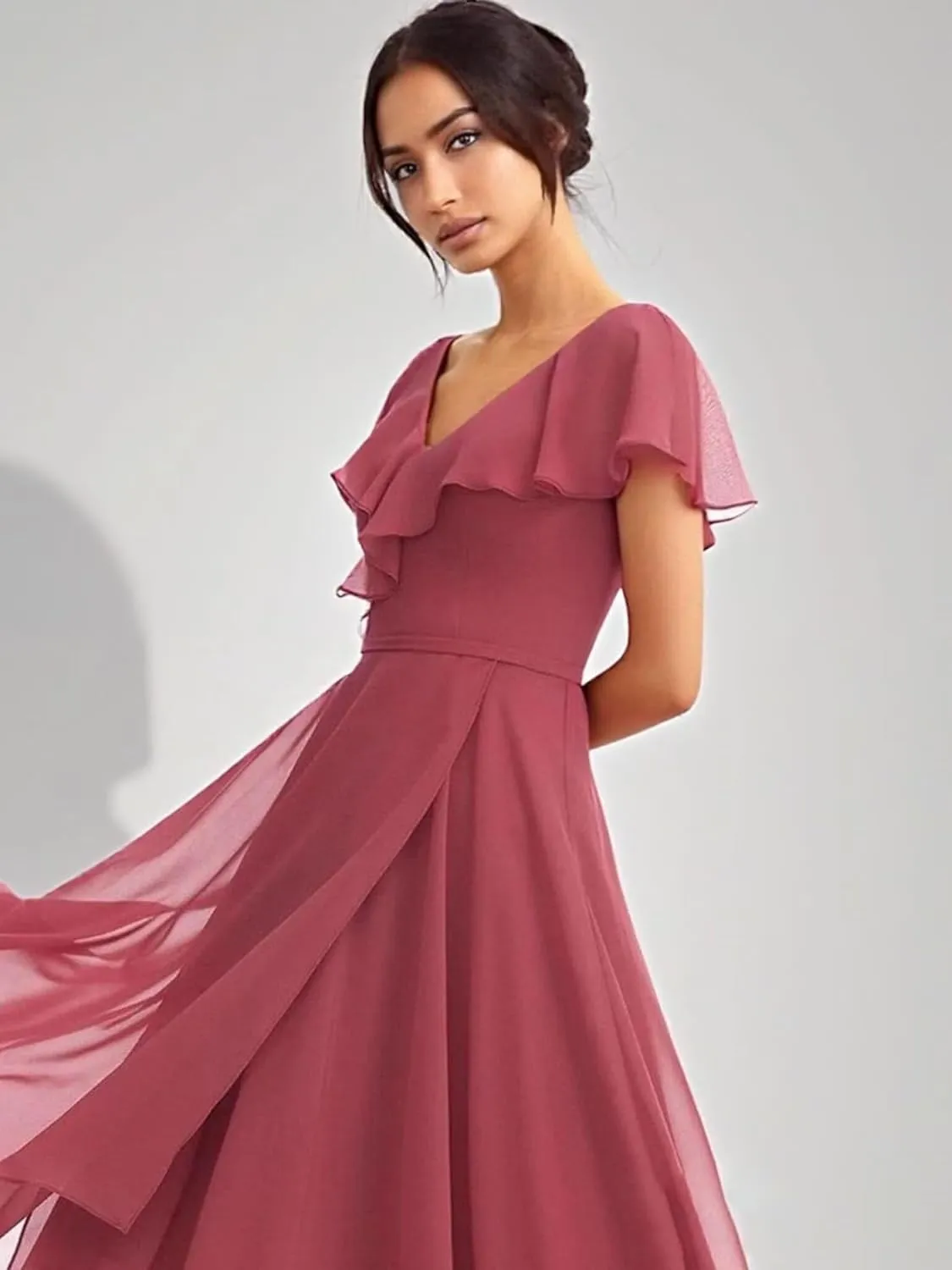 Women's Bridesmaid Dresses with Sleeves Ruffles Chiffon V Neck A Line High-Low Formal Gowns