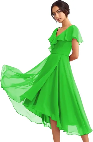 Women's Bridesmaid Dresses with Sleeves Ruffles Chiffon V Neck A Line High-Low Formal Gowns