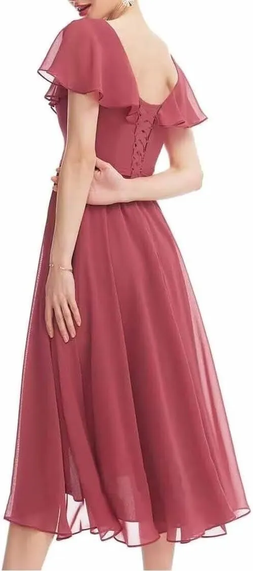 Women's Bridesmaid Dresses with Sleeves Ruffles Chiffon V Neck A Line High-Low Formal Gowns