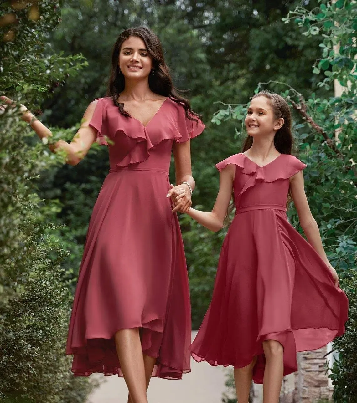 Women's Bridesmaid Dresses with Sleeves Ruffles Chiffon V Neck A Line High-Low Formal Gowns