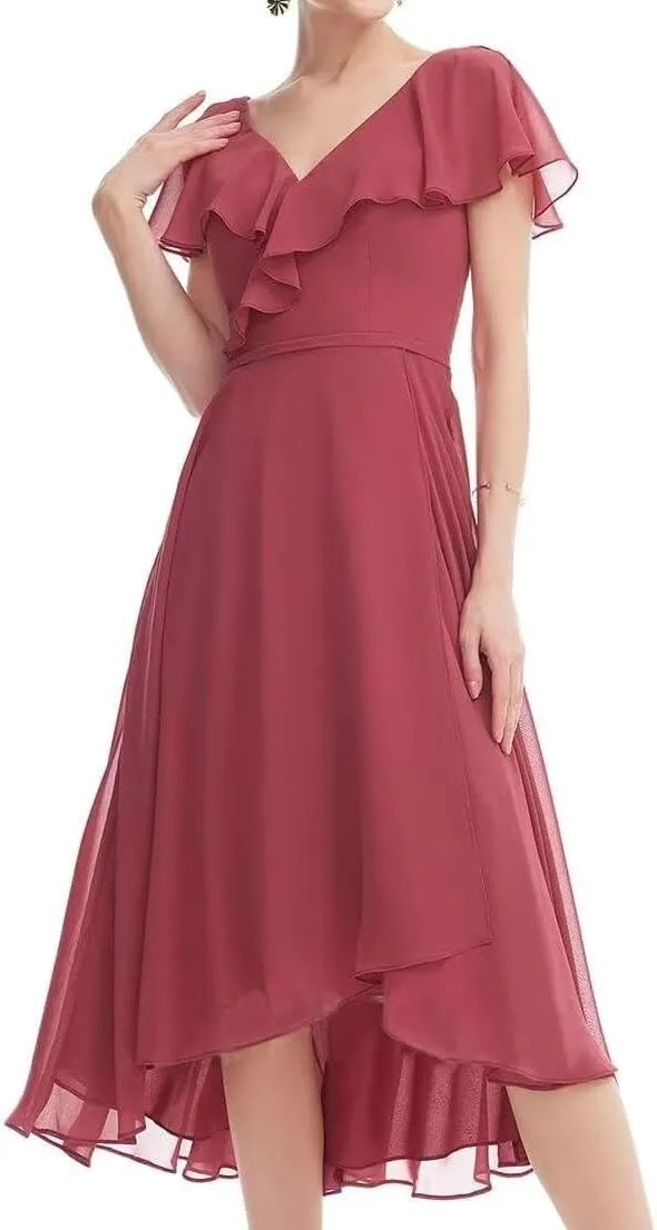 Women's Bridesmaid Dresses with Sleeves Ruffles Chiffon V Neck A Line High-Low Formal Gowns