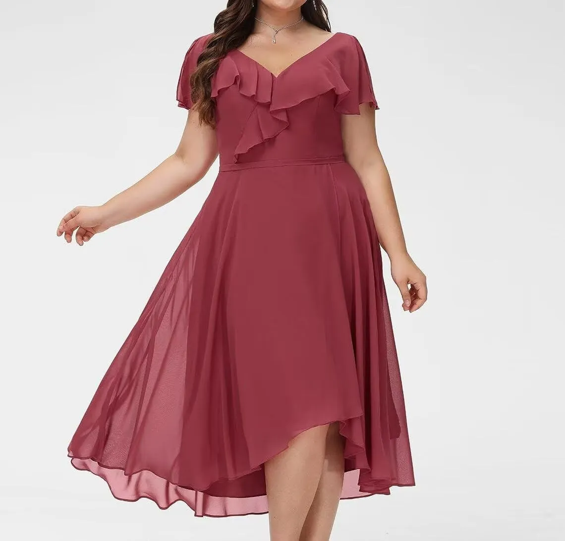 Women's Bridesmaid Dresses with Sleeves Ruffles Chiffon V Neck A Line High-Low Formal Gowns