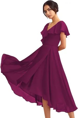 Women's Bridesmaid Dresses with Sleeves Ruffles Chiffon V Neck A Line High-Low Formal Gowns
