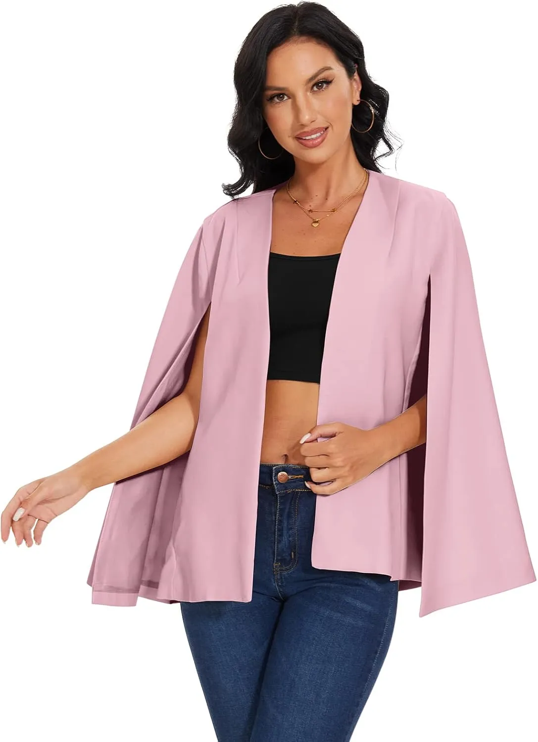 Womens Cape Blazer - Split Sleeve Open Front Casual Jacket Coat Workwear Elegant Formal Cape Coat