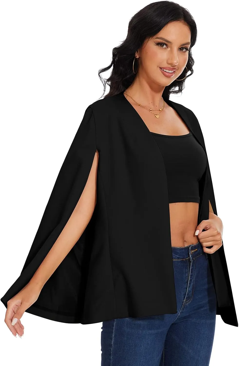 Womens Cape Blazer - Split Sleeve Open Front Casual Jacket Coat Workwear Elegant Formal Cape Coat