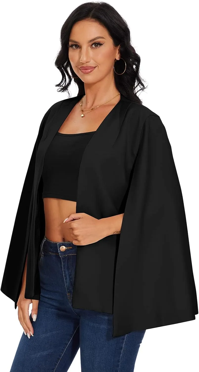 Womens Cape Blazer - Split Sleeve Open Front Casual Jacket Coat Workwear Elegant Formal Cape Coat