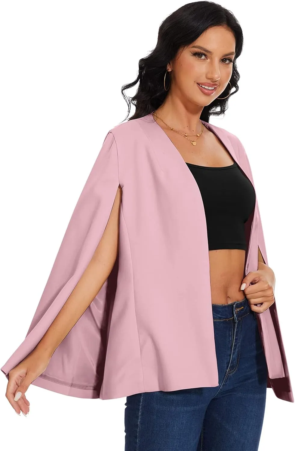 Womens Cape Blazer - Split Sleeve Open Front Casual Jacket Coat Workwear Elegant Formal Cape Coat