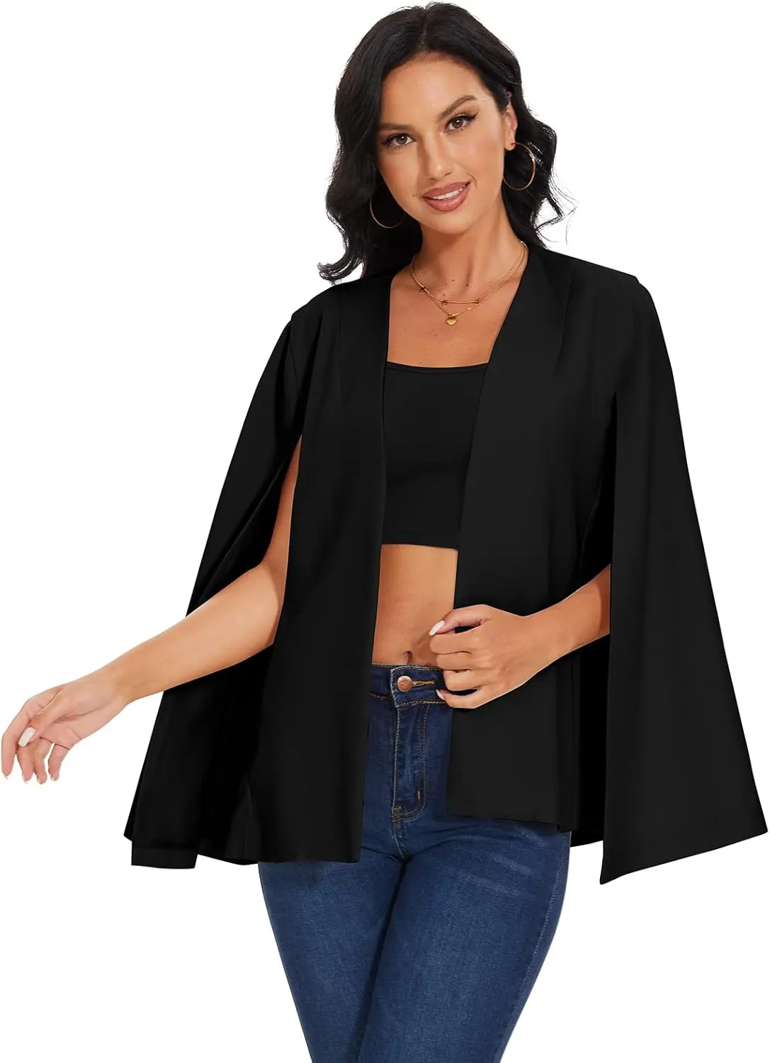 Womens Cape Blazer - Split Sleeve Open Front Casual Jacket Coat Workwear Elegant Formal Cape Coat