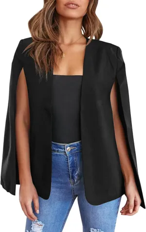 Womens Cape Blazer - Split Sleeve Open Front Casual Jacket Coat Workwear Elegant Formal Cape Coat