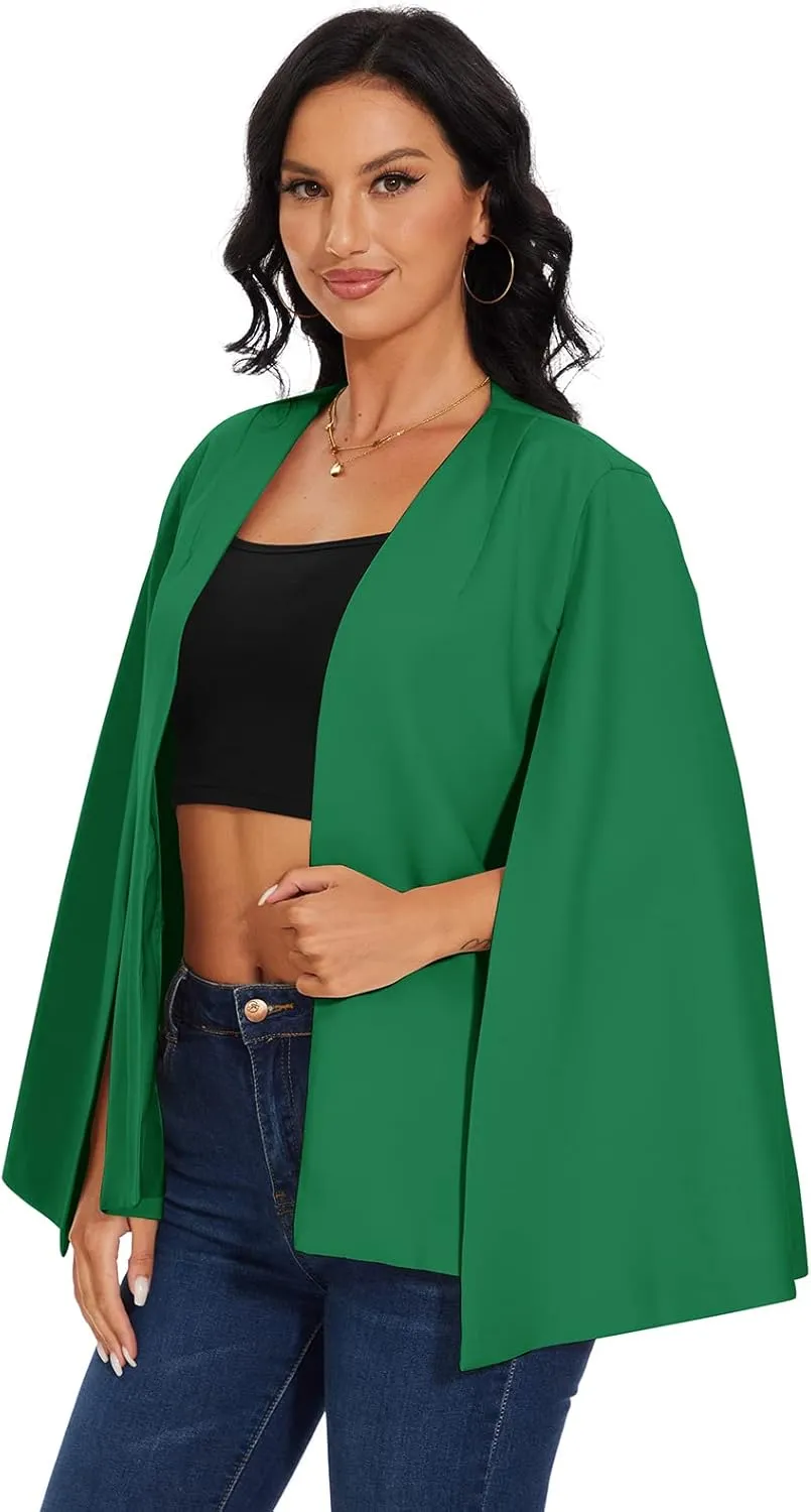 Womens Cape Blazer - Split Sleeve Open Front Casual Jacket Coat Workwear Elegant Formal Cape Coat