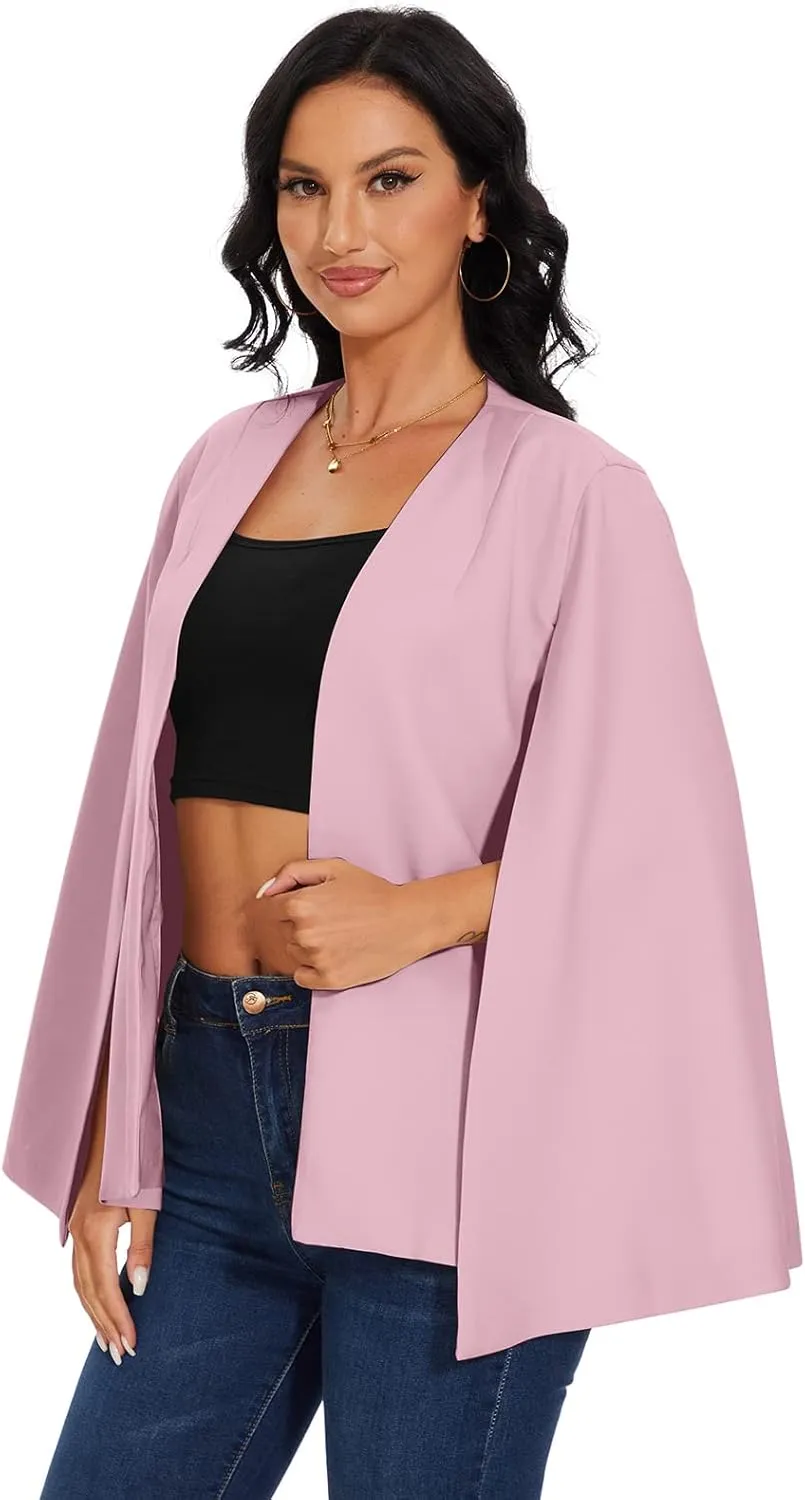 Womens Cape Blazer - Split Sleeve Open Front Casual Jacket Coat Workwear Elegant Formal Cape Coat