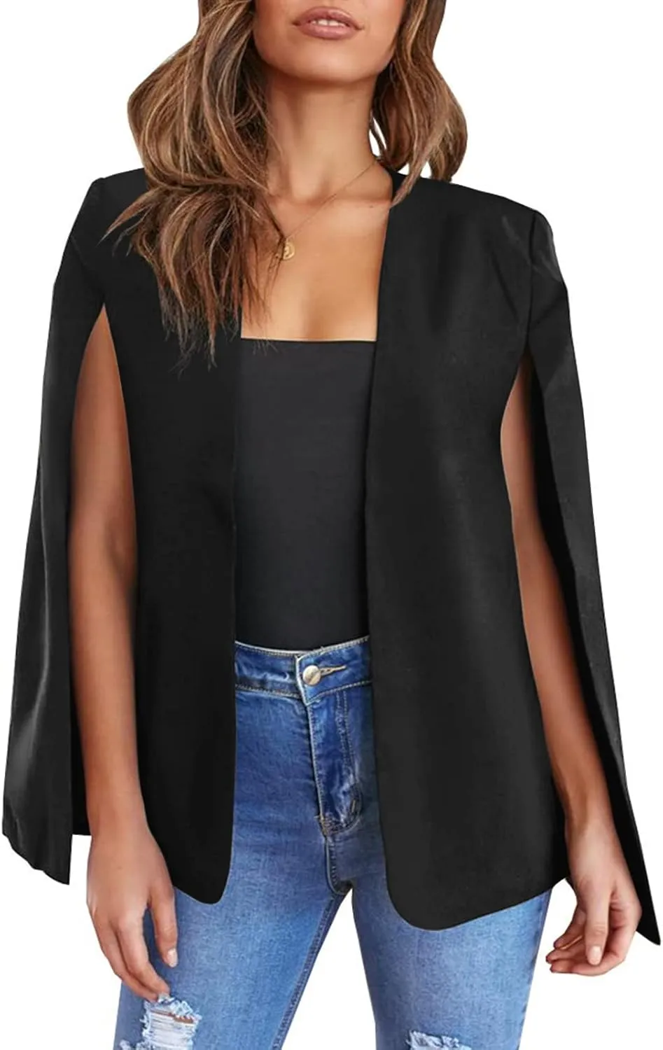 Womens Cape Blazer - Split Sleeve Open Front Casual Jacket Coat Workwear Elegant Formal Cape Coat