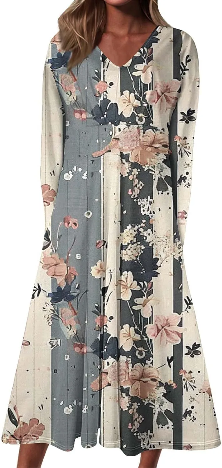 Women's Casual Dresses Fall 2024 Boho Long Sleeve V Neck Ruffle Maxi Dress Vintage Fashion Ruffle Bohemian Dresses