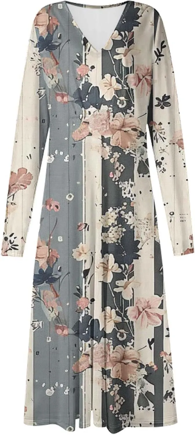 Women's Casual Dresses Fall 2024 Boho Long Sleeve V Neck Ruffle Maxi Dress Vintage Fashion Ruffle Bohemian Dresses