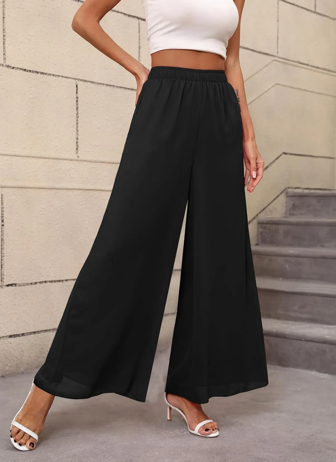Women's Chiffon Dress Palazzo Pants Beach Wide Leg Elastic Waist Trouser Elegant Flowy High Waisted Ladies Lounge