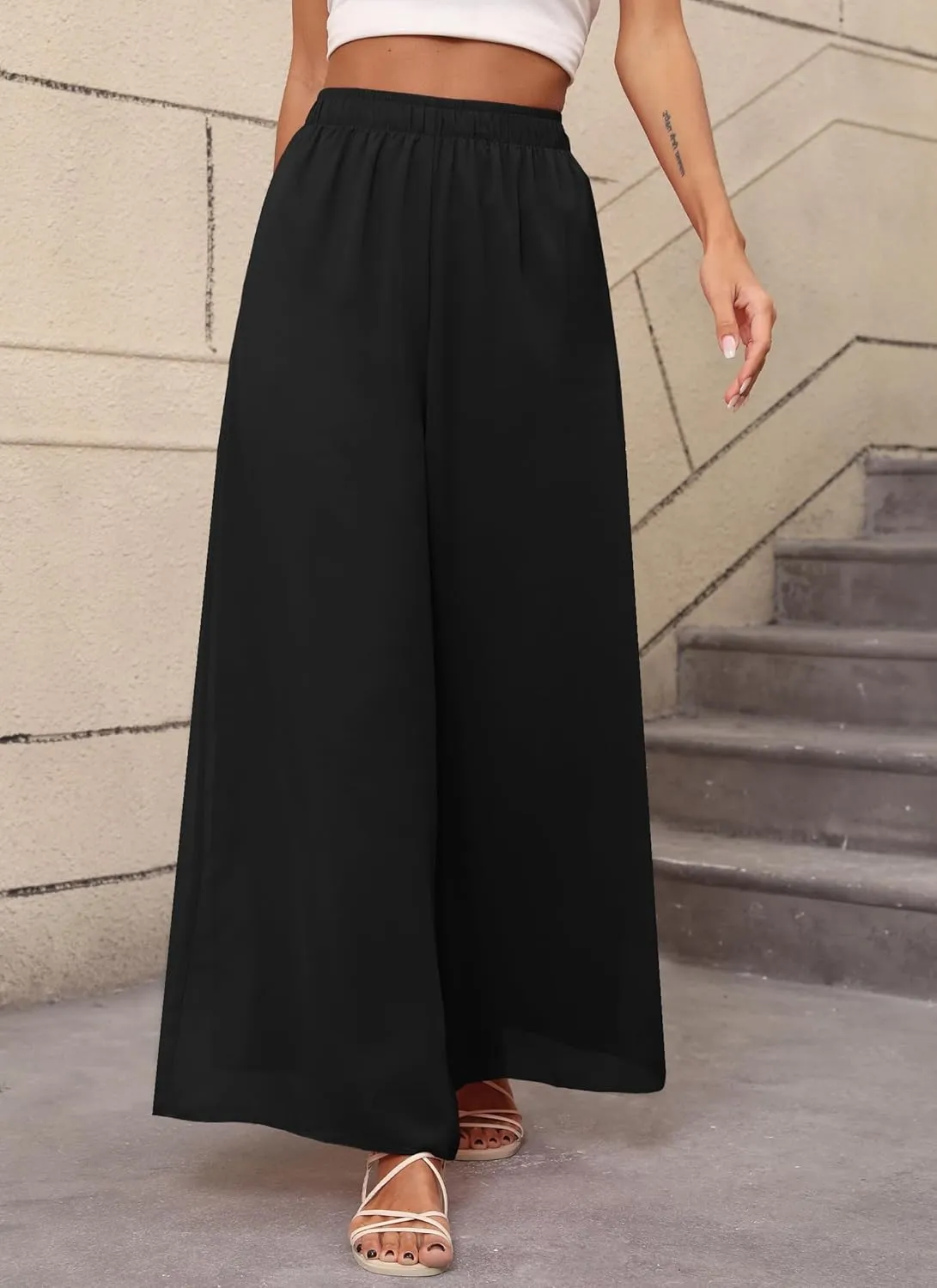 Women's Chiffon Dress Palazzo Pants Beach Wide Leg Elastic Waist Trouser Elegant Flowy High Waisted Ladies Lounge