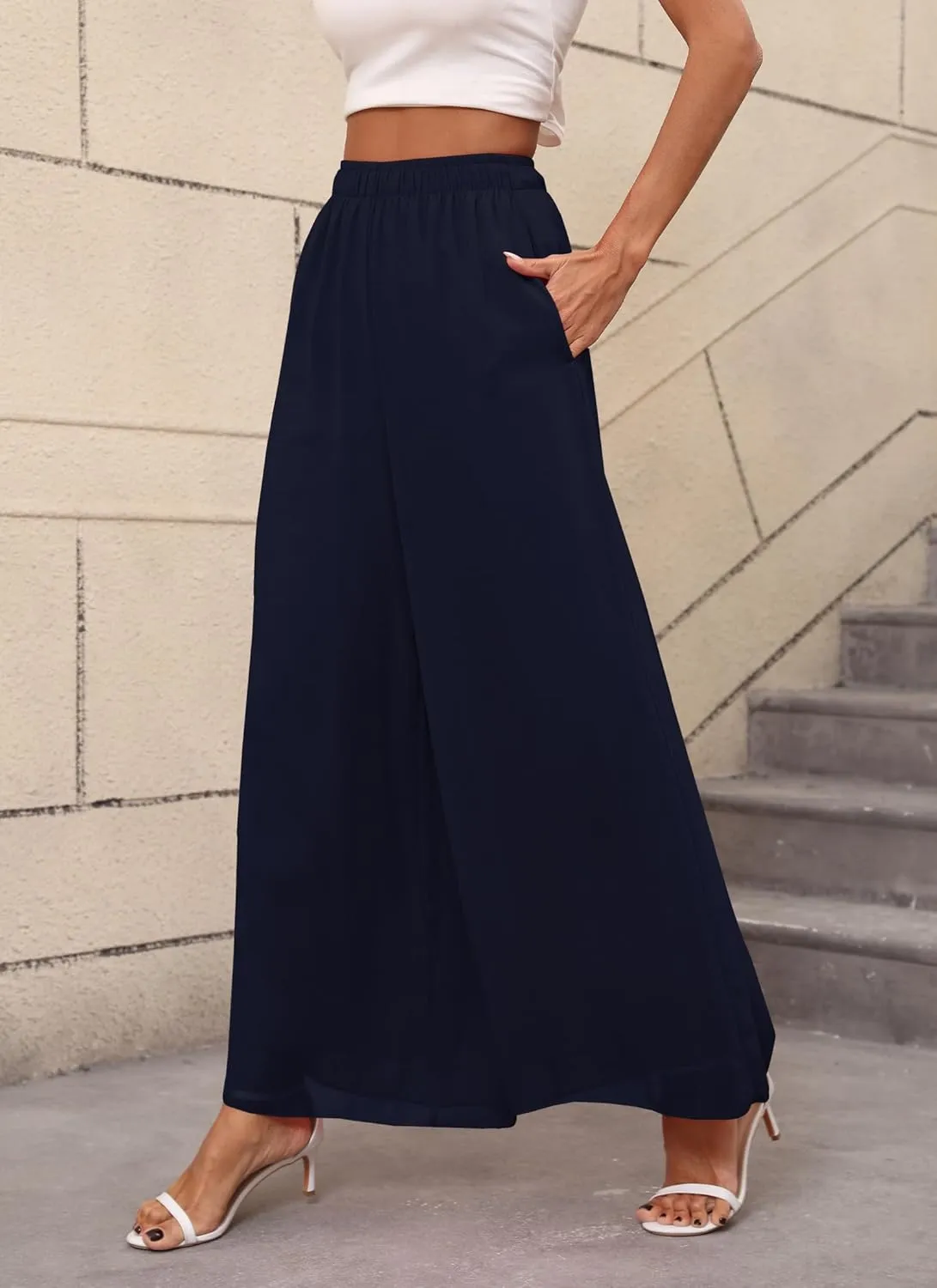 Women's Chiffon Dress Palazzo Pants Beach Wide Leg Elastic Waist Trouser Elegant Flowy High Waisted Ladies Lounge