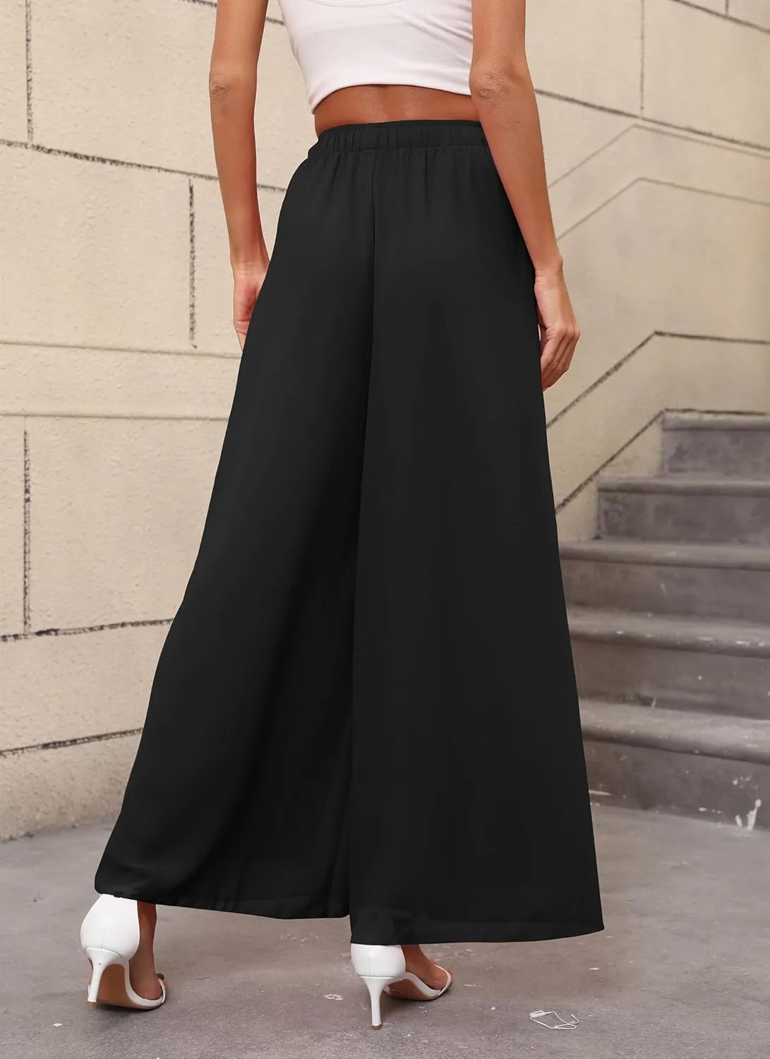 Women's Chiffon Dress Palazzo Pants Beach Wide Leg Elastic Waist Trouser Elegant Flowy High Waisted Ladies Lounge