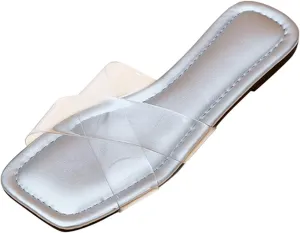 Women's Clear Band Sandals Dressy Square Toe Summer Slides Casual Slip on Sandal Elegant Flat Slippers 2025 New