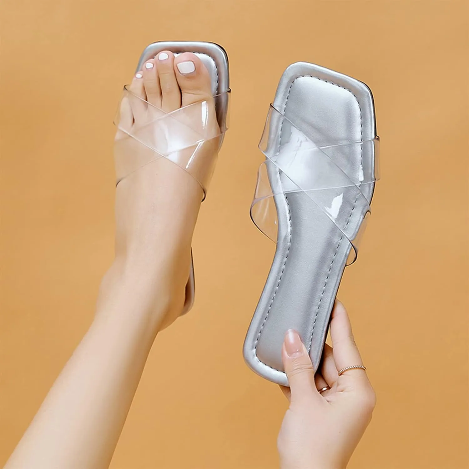 Women's Clear Band Sandals Dressy Square Toe Summer Slides Casual Slip on Sandal Elegant Flat Slippers 2025 New