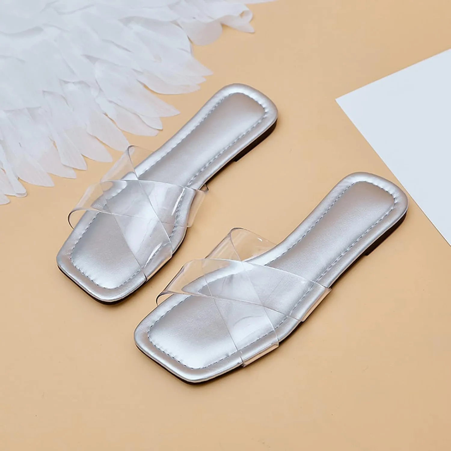 Women's Clear Band Sandals Dressy Square Toe Summer Slides Casual Slip on Sandal Elegant Flat Slippers 2025 New