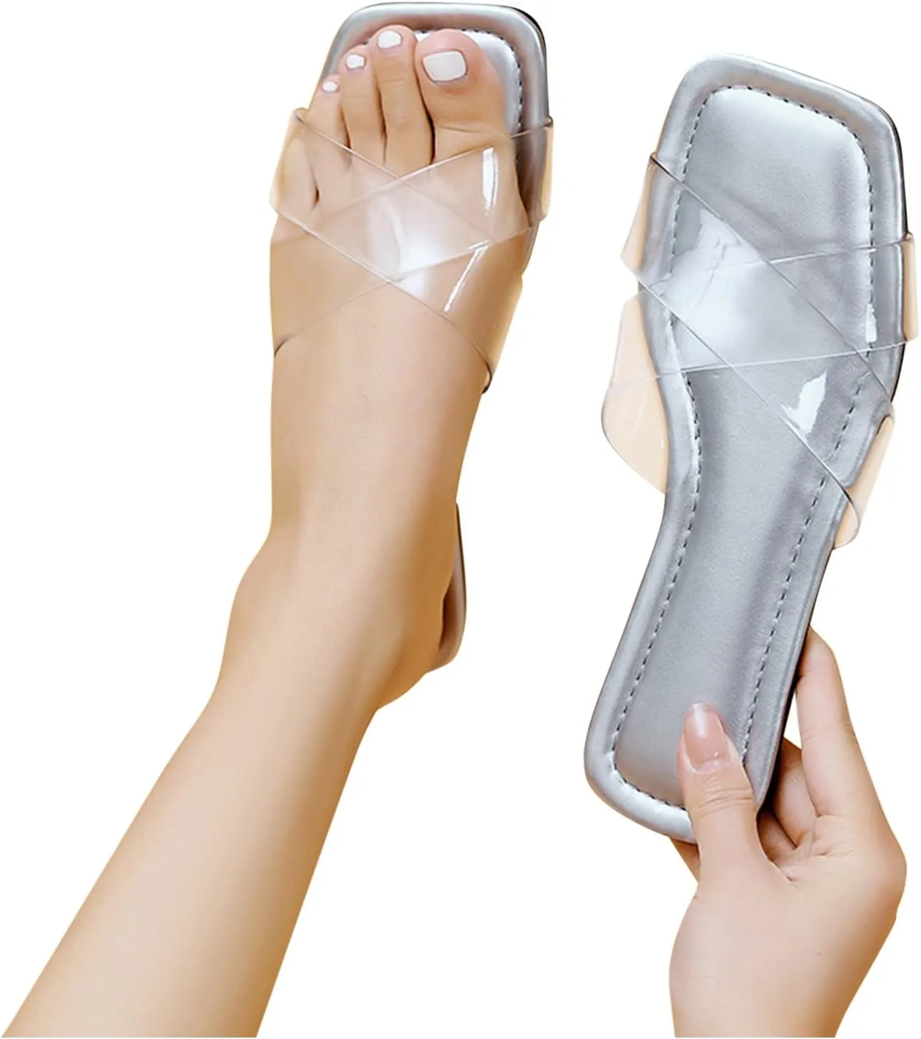 Women's Clear Band Sandals Dressy Square Toe Summer Slides Casual Slip on Sandal Elegant Flat Slippers 2025 New
