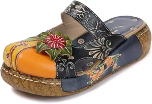Women's Colorful Leather Slipper Vintage Flower Sandals Boho Slippers Platform Flat Backless Sandals for Women