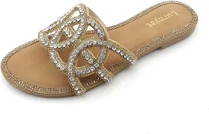 Women's Crystal Rhinestone Comfort Cushion Flat Sandals, Slip-On Slides with Decorative Design, Summer Beach Slippers: Stylish Design, Non-Slip Rubber Sole, Latex Insole for Comfort, Perfect for Shopping, Parties, and Casual Outings