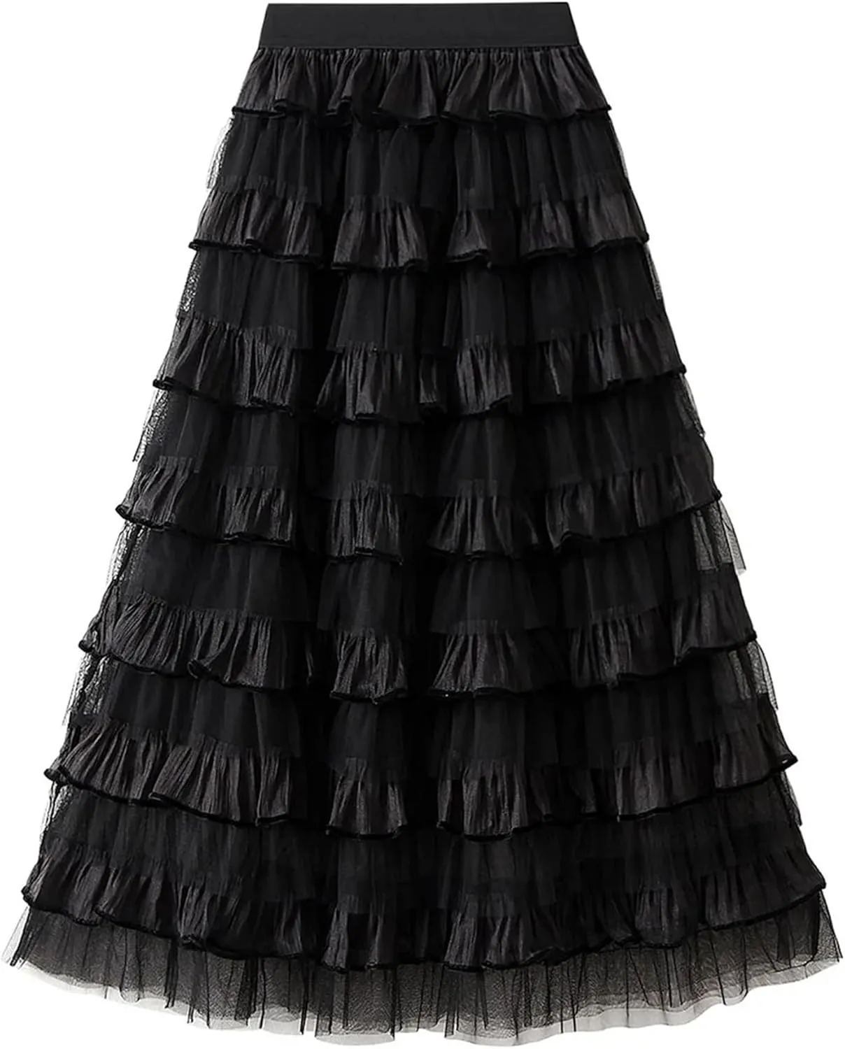 Women's Elegant Mesh Tulle Long Skirt Summer Elastic Waist Puffy Fluffy Layered A-Line Cake Skirts