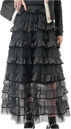 Women's Elegant Mesh Tulle Long Skirt Summer Elastic Waist Puffy Fluffy Layered A-Line Cake Skirts