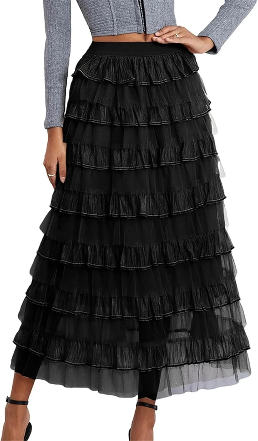 Women's Elegant Mesh Tulle Long Skirt Summer Elastic Waist Puffy Fluffy Layered A-Line Cake Skirts