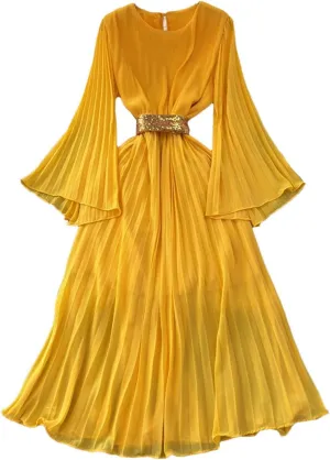 Women's Elegant Pleated Flared Long Sleeved Chiffon Vacation Dress Spring Summer Party Birthday Gown Dress