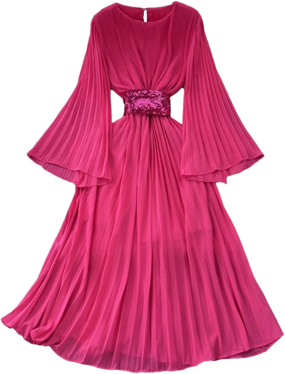 Women's Elegant Pleated Flared Long Sleeved Chiffon Vacation Dress Spring Summer Party Birthday Gown Dress