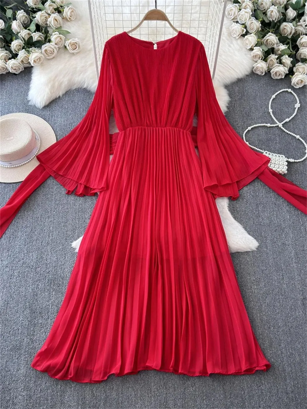 Women's Elegant Pleated Flared Long Sleeved Chiffon Vacation Dress Spring Summer Party Birthday Gown Dress