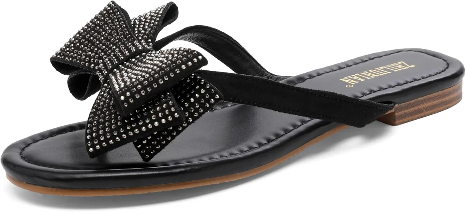 Womens Flat Bow Sparkly Flip Flop Sandals,Ladies Rhinestones Comfortable Thong Slide Dressy Casual Cute Trendy Vacation Beach Slip on Glitter Slippers Shoe