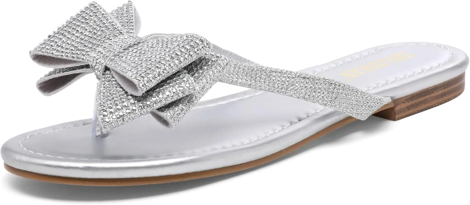 Womens Flat Bow Sparkly Flip Flop Sandals,Ladies Rhinestones Comfortable Thong Slide Dressy Casual Cute Trendy Vacation Beach Slip on Glitter Slippers Shoe