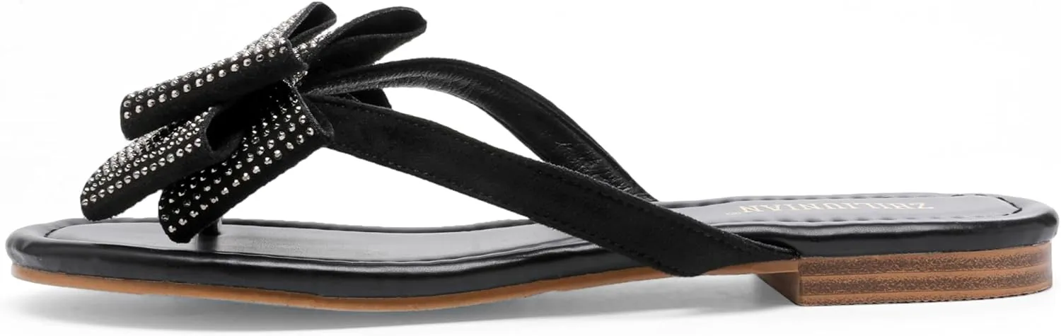 Womens Flat Bow Sparkly Flip Flop Sandals,Ladies Rhinestones Comfortable Thong Slide Dressy Casual Cute Trendy Vacation Beach Slip on Glitter Slippers Shoe