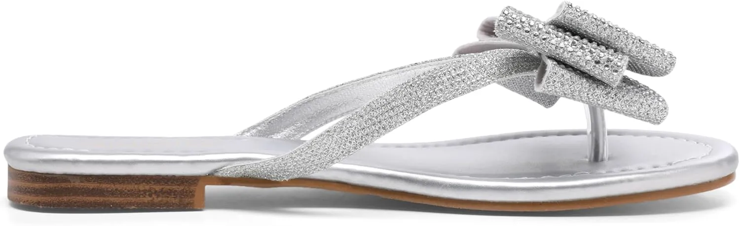 Womens Flat Bow Sparkly Flip Flop Sandals,Ladies Rhinestones Comfortable Thong Slide Dressy Casual Cute Trendy Vacation Beach Slip on Glitter Slippers Shoe