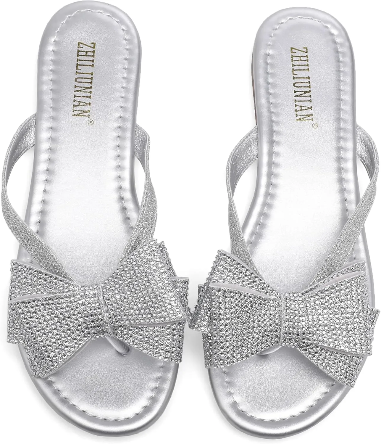 Womens Flat Bow Sparkly Flip Flop Sandals,Ladies Rhinestones Comfortable Thong Slide Dressy Casual Cute Trendy Vacation Beach Slip on Glitter Slippers Shoe
