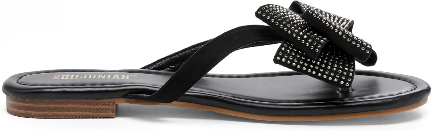 Womens Flat Bow Sparkly Flip Flop Sandals,Ladies Rhinestones Comfortable Thong Slide Dressy Casual Cute Trendy Vacation Beach Slip on Glitter Slippers Shoe