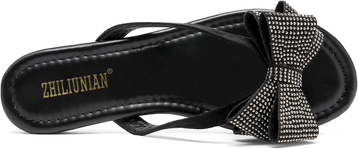 Womens Flat Bow Sparkly Flip Flop Sandals,Ladies Rhinestones Comfortable Thong Slide Dressy Casual Cute Trendy Vacation Beach Slip on Glitter Slippers Shoe