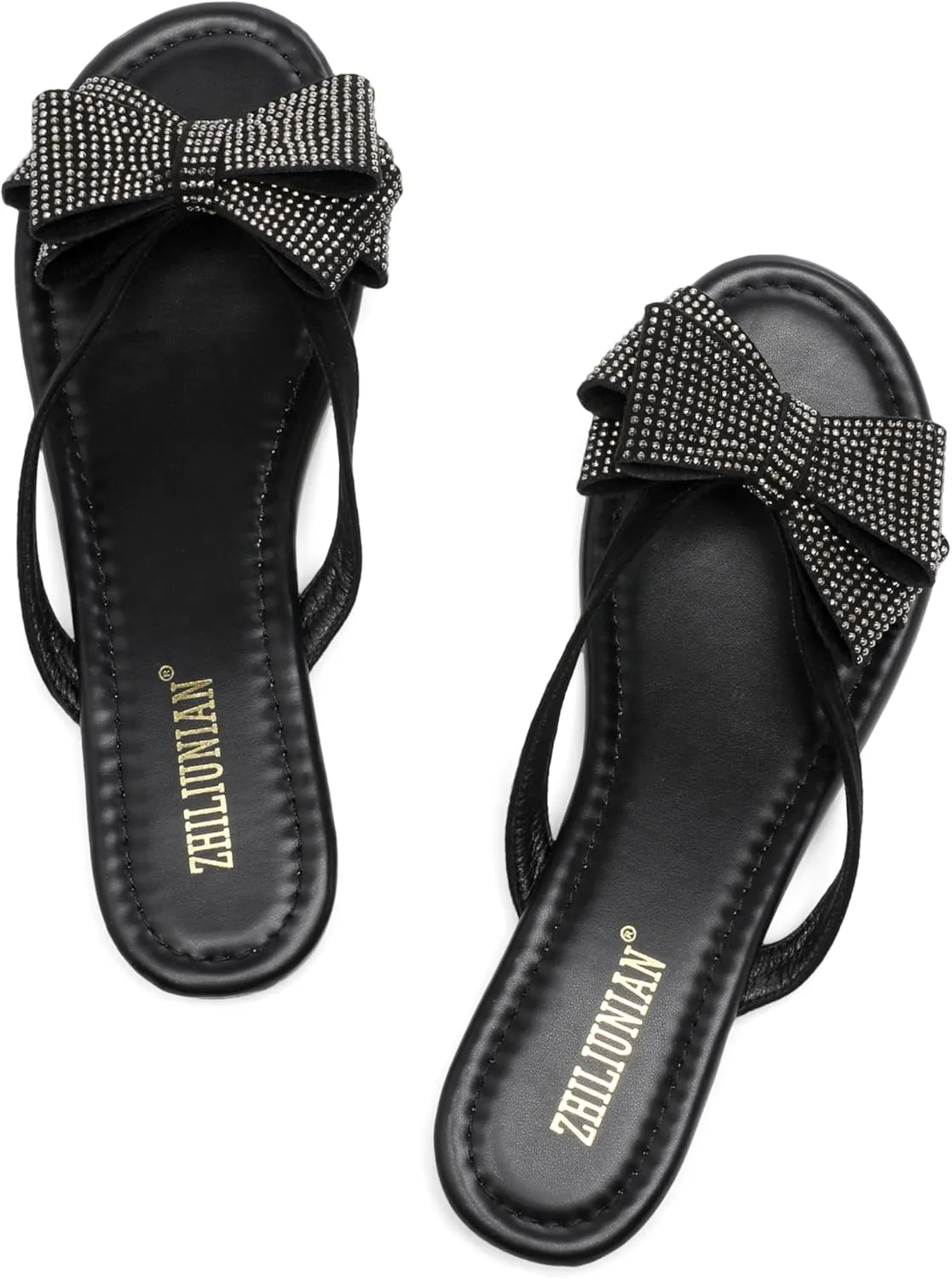 Womens Flat Bow Sparkly Flip Flop Sandals,Ladies Rhinestones Comfortable Thong Slide Dressy Casual Cute Trendy Vacation Beach Slip on Glitter Slippers Shoe