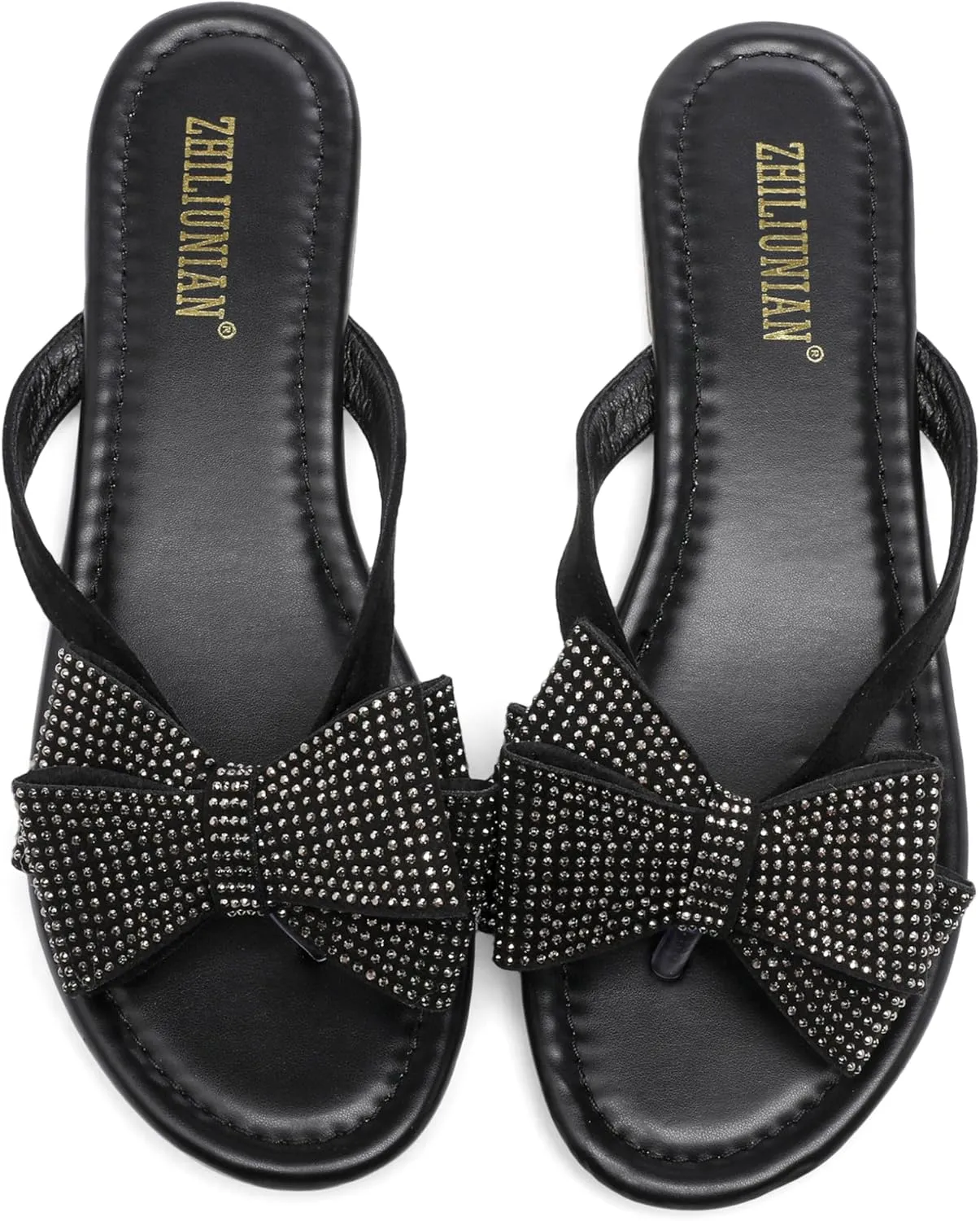 Womens Flat Bow Sparkly Flip Flop Sandals,Ladies Rhinestones Comfortable Thong Slide Dressy Casual Cute Trendy Vacation Beach Slip on Glitter Slippers Shoe