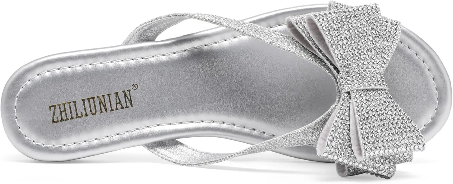 Womens Flat Bow Sparkly Flip Flop Sandals,Ladies Rhinestones Comfortable Thong Slide Dressy Casual Cute Trendy Vacation Beach Slip on Glitter Slippers Shoe