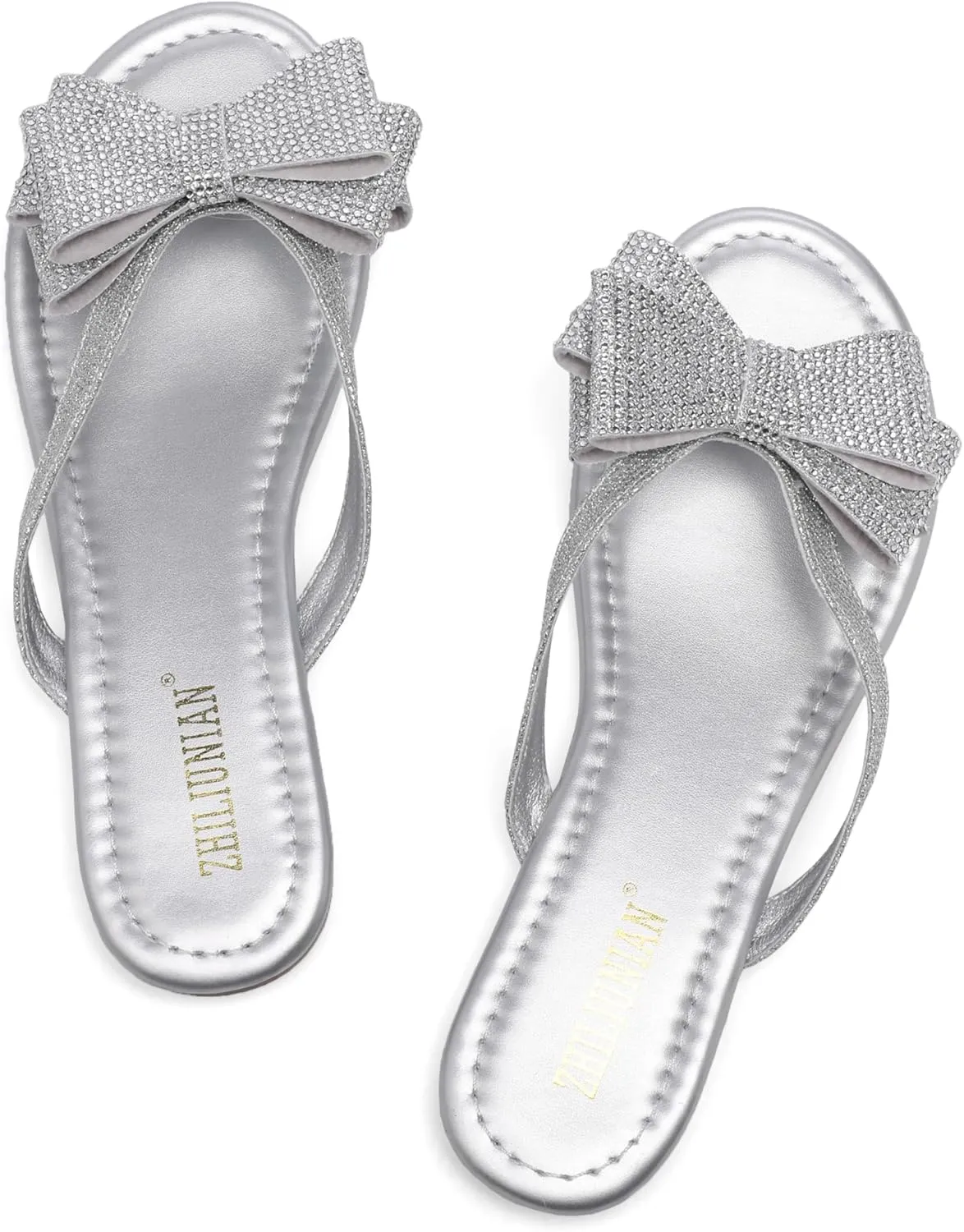 Womens Flat Bow Sparkly Flip Flop Sandals,Ladies Rhinestones Comfortable Thong Slide Dressy Casual Cute Trendy Vacation Beach Slip on Glitter Slippers Shoe